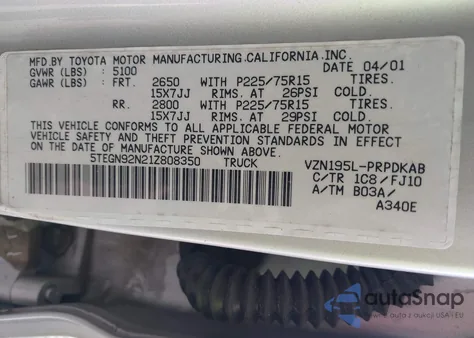 2001 Toyota Tacoma Prerunner V6 z USA, uszkodzony, nr VIN 5TEGN92N21Z808350